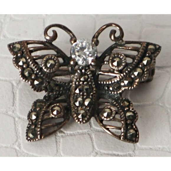 Jewelry - Vintage 925 Silver Crystal and Marcasite Butterfly Sterling Silver Brooch Pin